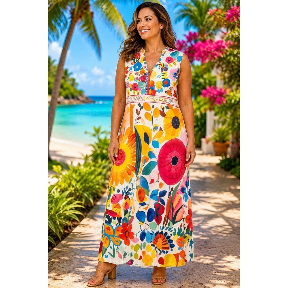 Colorful Floral Sleeveless Maxi Dress XXL Boho Resort Tropical Stretch Soft